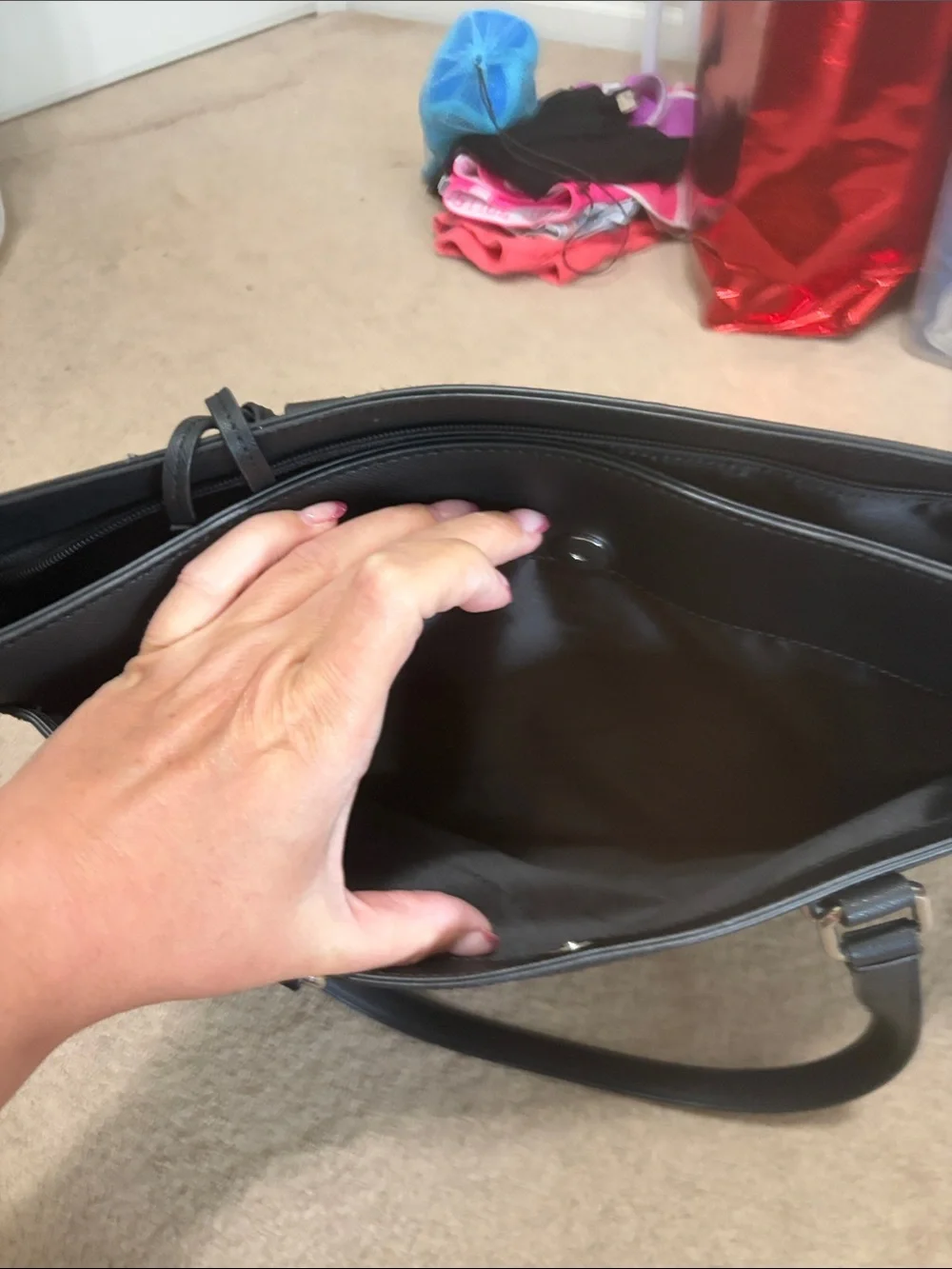 Black Leather-Look Tote Bag by Calvin Klein